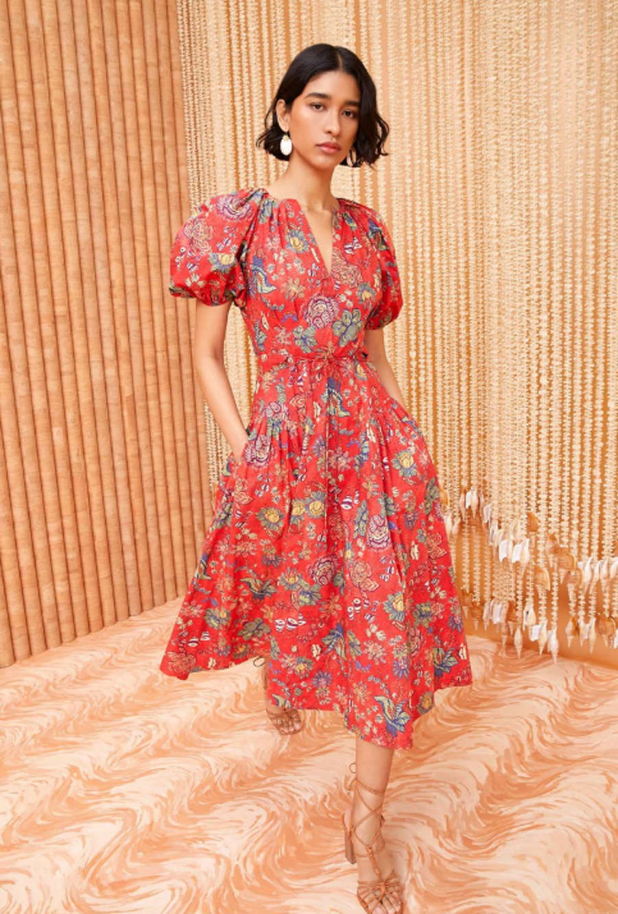 Ulla Johnson Carina Hibiscus Floral Cotton Poplin Midi Dress Puff Slv Sz 4 Boho